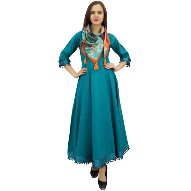 Bimba Robe Anarkali Classique Évasée en Coton Sarcelle avec Pompons et Foulard - 22
