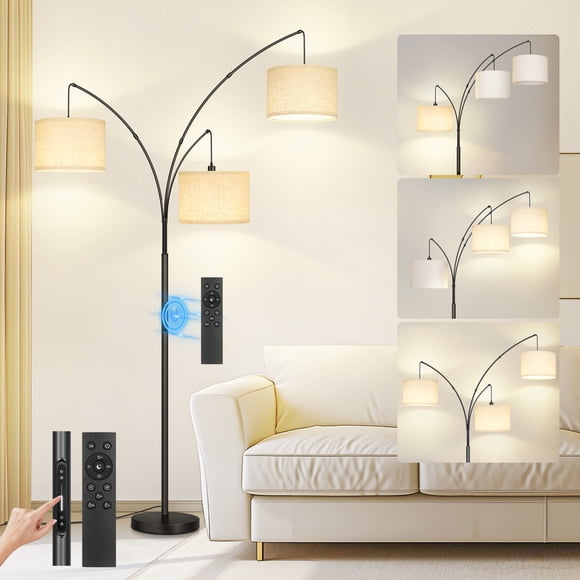 OUTON Arc Floor Lamp with Remote and Touch Control,3 Light Mordern Standing Lamps with Linen Lamp Shade for Living Room,Bedroom,3 Bulbs Includes