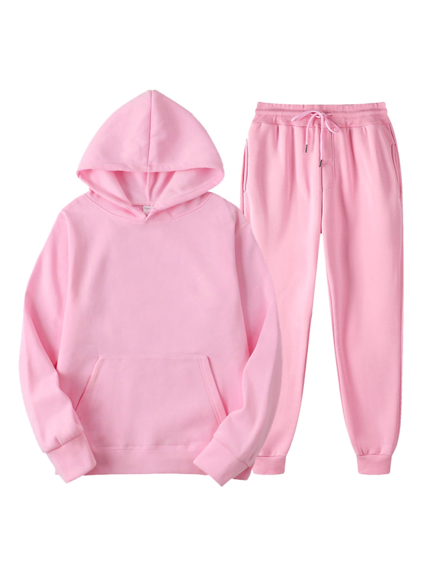 Innerwin Hoodies And Sweatpant Set Solid Color Mens Tracksuit Winter Hooded Warm 2 Piece Hoodie Pink XL
