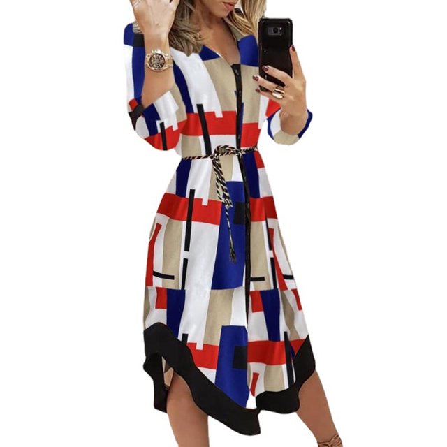 CAROOTU Robe Chemise à Imprimé Géométrique pour Femmes, Manches Longues, Ourlet Irrégulier, Col à Revers