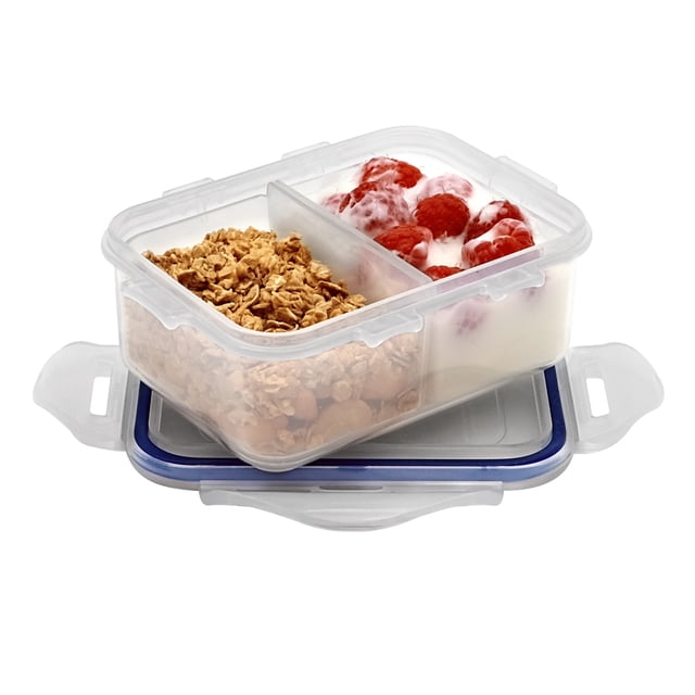 Starfrit LocknLock Food Storage Divided Container, Capacity of 11oz / 350ml, 2-Compartment Removable Divider. Front-facing polypropylene container with removable divider and airtight locking lid, two equal compartments for meal prepping and portion control; microwave, freezer and dishwasher safe; often used as a compact organizer for small craft or office supplies.
