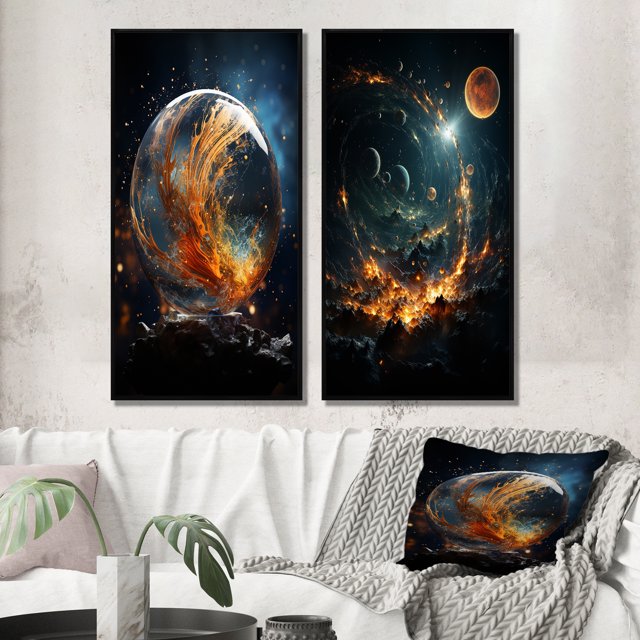Designart "Celestial Worlds II" Galaxies Framed Wall Art Set Of 2 - Teal Fantasy Gallery Wall Frame Set For Home Decor