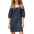 thumbnail image 1 of Mrat Robe en Coton et Lin pour Femmes Vêtements Décontractés Couleur Unie Col Carré Manches Mi-Longues Robe Ample Courte P-42 Bleu m, 1 of 4