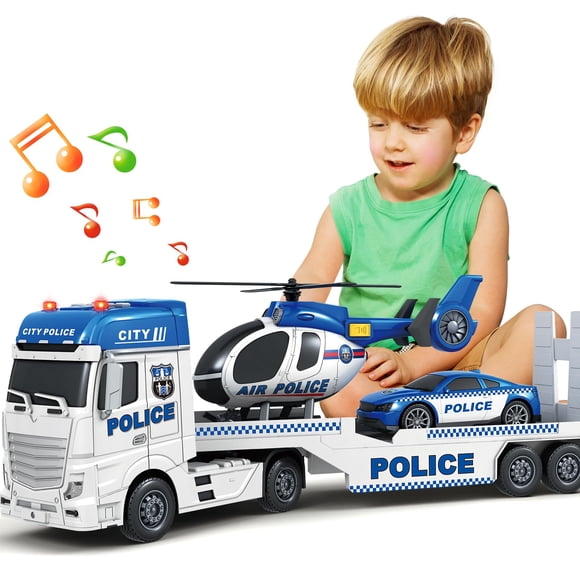 SpringFlower Toddler Boy Toys, 25" Large Police Truck Toy with Racing Car and Helicopter,3 in 1 Police Car Boy Toy, Christmas Birthday Gifts for Kids