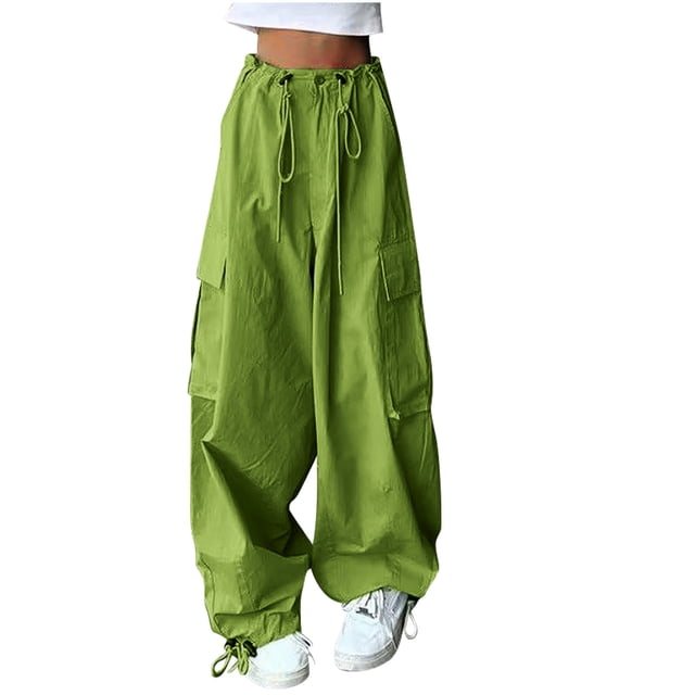 Timegard Women's Elastic High Waisted Drawstring Cinch Bottom Cargo Pants with Pockets, Large
