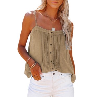 Boovnll Womens Tank Tops, Women Summer Fashion Casual Button Sleeveless Shirts Round-Neck Solid Tank Tops Blouse Vest, Tank Top for Women, Tank Tops, Tank Tops for Women