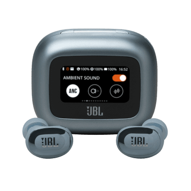 JBL Live Buds 3 TWS earbuds in blue with a Smart Charging Case showing ambient sound controls including true adaptive noise cancelling (ANC), volume, and sound mode on the display, highlighting wireless earbuds with noise cancelling features.