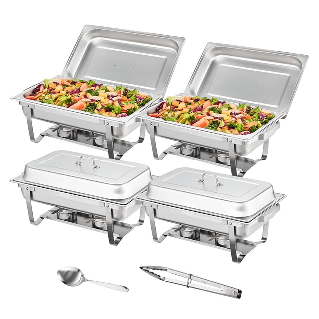 VEVOR Ensemble de Plats à Friction pour Buffet, 8 qt Lot de 4, Réchaud en Acier Inoxydable avec 4 Poêles Pleine Grandeur, Chauffe-Restaurant Rectangulaire avec Couvercle, Plateau à Eau, Support Pliant, Plateau à Carburant, Support, Cuillère, Pince, au Moins 8 Personnes Ac