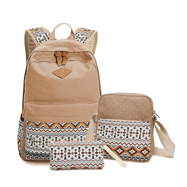 QualitChoice 3 Pieces Canvas Backpack Shoulder Organizer Set Large Capacity for Zipper Ethnic Style School Bags Causal Adjustable Travel Bag Khaki