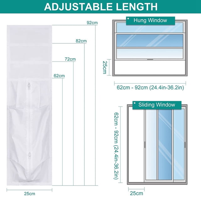 Joint Suspendu pour Fenêtre de Climatiseur Portatif, Trousse d'Évent de Fenêtre d'Unité AC en Tissu Blanc, Conçue pour des Fenêtres Coulissantes Horizontales Ou Verticales, Incluant des styles à Simple Suspension et à Double Suspension. Taille Ajustable de 25 x 92 cm, Convient aux Climatiseurs Portatifs Ou aux Séchoirs à tumble avec jusqu'à 3 Tuyaux d'Air. Comprend une Fermeture à Glissière pour une Étanchéité Sécurisée, un Tissu Isolant Thermique pour Prévenir la Perte d'Air de Refroidissement, et une installation Facile avec Ruban à Boucle. Comprend des Zones de Découpe et de Routage