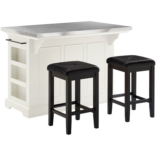 Crosley Julia Stainless Steel Top Kitchen Island with Square Stools in White
