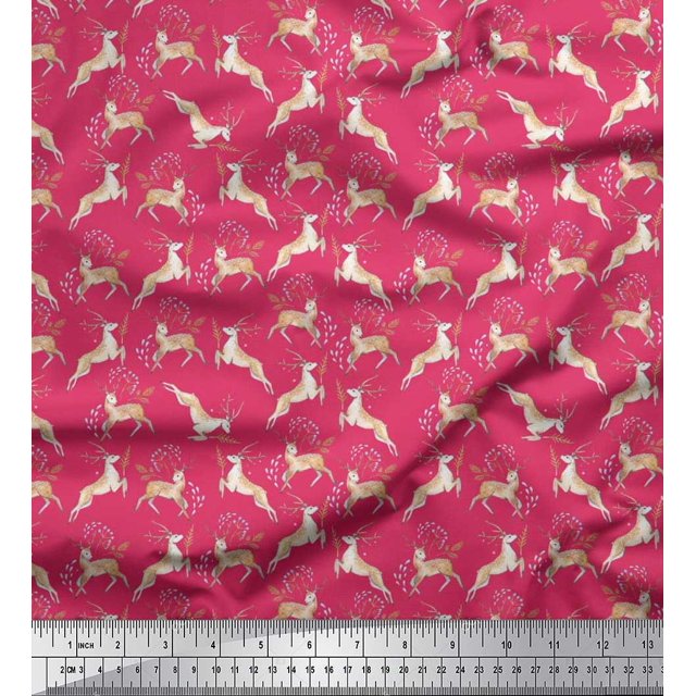 Soimoi polyester Crepe Fabric Leaves & Reindeer Animal Print Fabric by Yard 52 Inch Wide