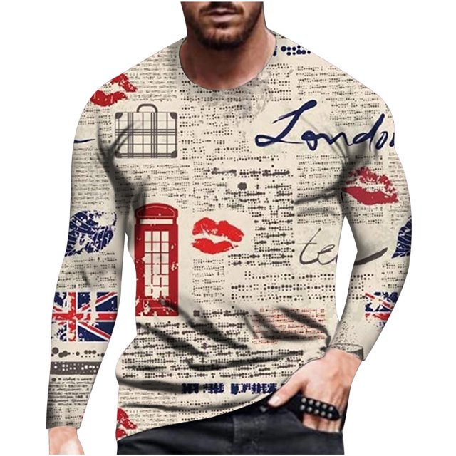 CEHVOM Men's Loose Round Neck 3d Printing Long-sleeved T-shirt Top Sale