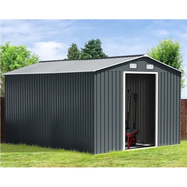 Relyard 12x10 Metal Outdoor Storage Garden Shed made of galvanized steel with a powder-coated surface for rust and corrosion resistance. Features a sloped roof for effective water runoff, 2x5' sliding doors for easy access, and four built-in air vents for improved air circulation. The shed is shown in a backyard setting with a grassy lawn and trees in the background.