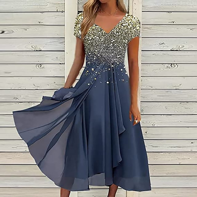 Lenago Robes d'Été Grande Taille Robes d'Été pour Femmes Imprimé Floral Manches Courtes Col en V Robe Plissée Robes Fluides Fête Plage en Solde