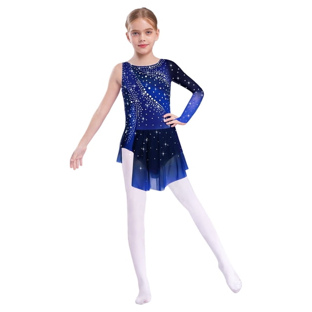 Freebily Robe de Danse Ballet Patinage Artistique à Manches Longues pour Filles avec Strass Bleu Marine 10