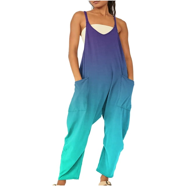 UPPADA Jumpsuits for Women Solid Gradient Color Overalls Sleeveless Straps Rompers Wide Leg Jumpers Trendy Bodysuit Pockets Jumpsuits for Women Dressy