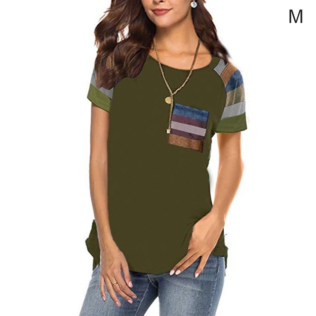 ziyahi T-Shirt pour Femmes à Manches Courtes, Col Rond, Haut à Rayures avec Poche, T-Shirt, Vert, m