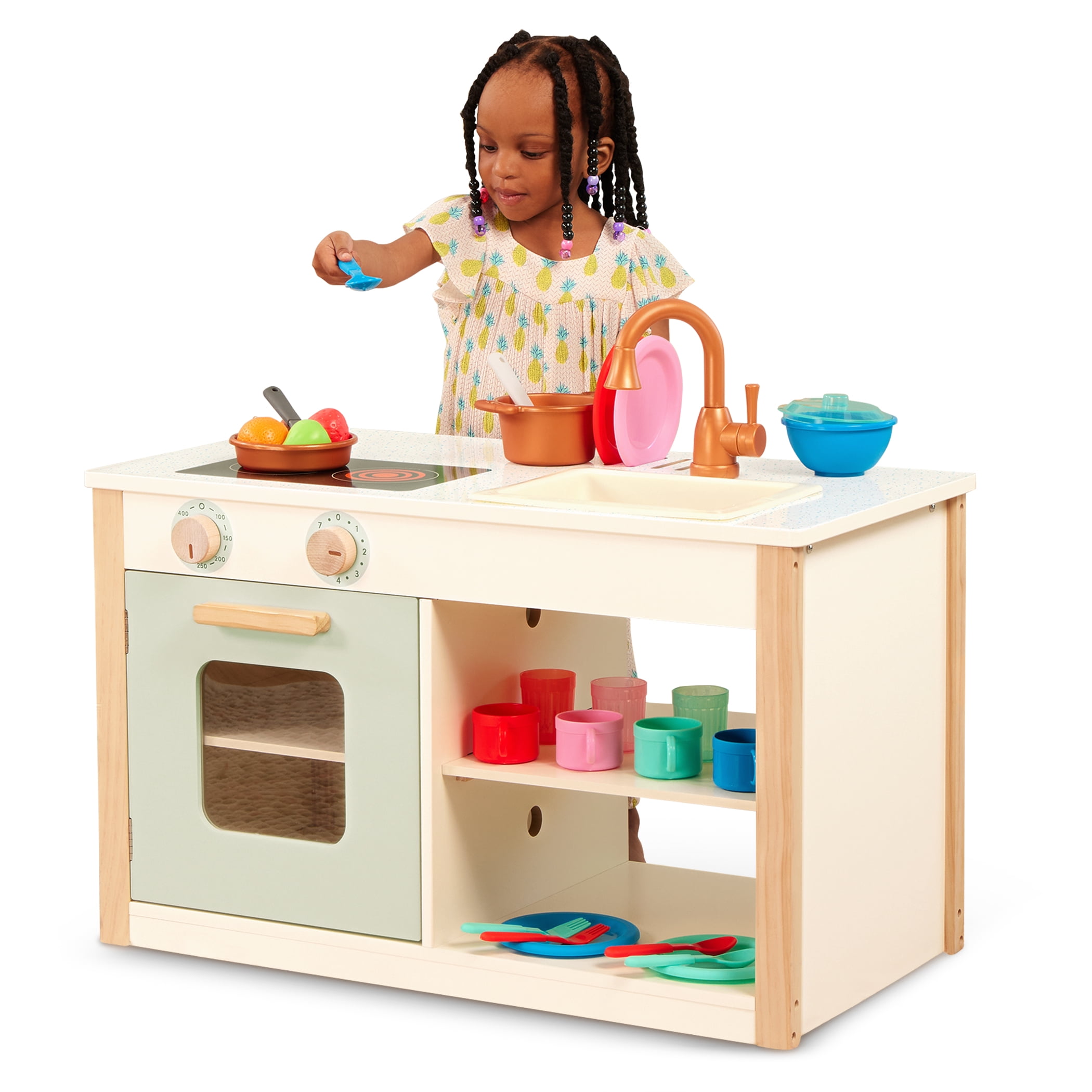 Two in One Wooden Kitchen Café with Dishes and Chalkboard, Toddler and Preschool Toys by Battat