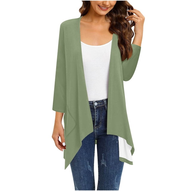 Mrat Sheer Cardigan for Womens 3/4 Sleeve Tops with Pocket Solid Irregular Flowy Jacket S-86 Green XL