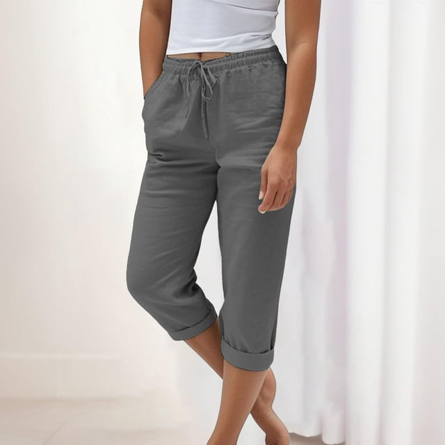 Soki Womens Capri Casual Loose Linen Elastic Wasit Cotton Linen Pants Trousers