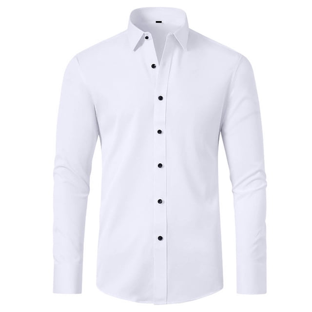 Solid Color Lapel Mens Shirts Fashion Long Sleeve Fitted Button Front Closure Shirts for Men(White,S)