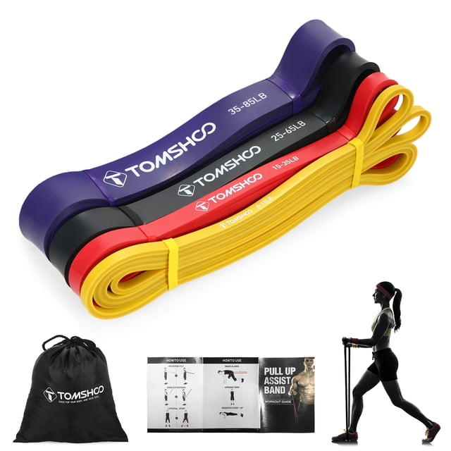 TOMSHOO Ensemble de 4 Bandes de Résistance à Intensités Variables : Jaune (8-15 Lb), Rouge (15-35 Lb), Noir (25-65 Lb), Violet (35-85 Lb) - Comprend un Sac de Transport et un Manuel pour un Entraînement de Mise en Forme Amélioré