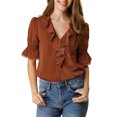 thumbnail image 2 of INSPIRE CHIC Women's Ruffled V Neck Puff Elbow Sleeve Semi-Sheer Chiffon Blouse S Brown, 2 of 8