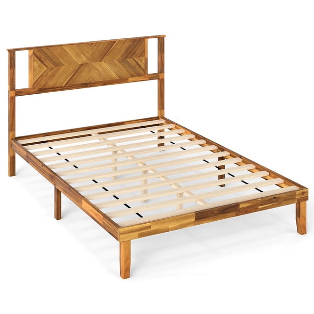 Costway Full Size Bed Frame with Headboard crafted from rustic golden brown acacia wood and plywood. This platform bed features 12 durable slats for mattress support, eliminating the need for a box spring. The artistic headboard with unique wood grain detailing enhances bedroom furniture aesthetics. The frame includes 8.5 inches of under-bed storage space for organizing linens or belongings. Adjustable foot pads and middle support legs provide stability on various surfaces.