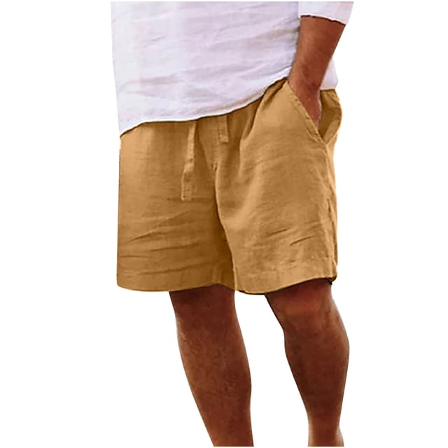 Cameland Cotton Linen Shorts for Men Casual Solid Color Drawstring Elastic Waist Summer Beach Shorts with Pockets