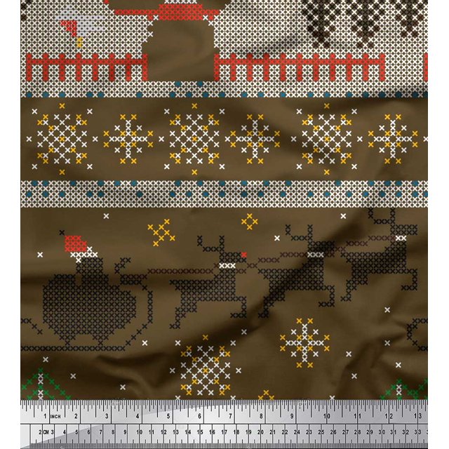 Soimoi polyester Crepe Fabric Cross Stitch Christmas Fabric Prints By Yard 42 Inch Wide