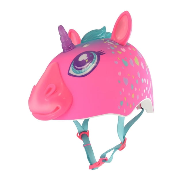 Bell Sports Raskullz 3D Child Rainbow Corn Helmet in bright pink with a purple 3D horn, large cartoon eye decal, teal mane, and multicolored heart patterns. It features teal adjustable straps with pink buckles and molded snout and ears. Designed for kids ages 5 to 8 with head sizes 50-54 cm, it includes LED lights in the horn and mane for added visibility, suitable for biking and scooting safety.