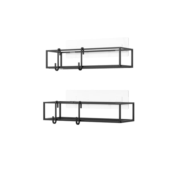 Umbra Cubiko Shower Bins, set of 2, black rust-free metal with modern bent wire design and two hooks each, mounted with non-damaging clear adhesive strips on tile, drywall, or concrete surfaces for elevated shower storage.