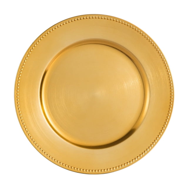 Holiday Time Assiette Charger Dorée Perlée de 13 Pouces - Lot de 4, une Assiette Charger Ronde en Plastique Doré avec un Détail de Rebord Perlé, Conçue pour la Déco de Table Lors des Fêtes, des Mariages et des Événements de Traiteur, Convient Aussi aux Milieux de Fête Élégants.