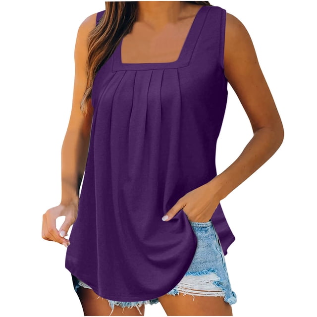 Birdeem Mode Femme Couleur Unie Col Carré Confortable T-Shirt Ample Sans Manches Blouse Décontractée