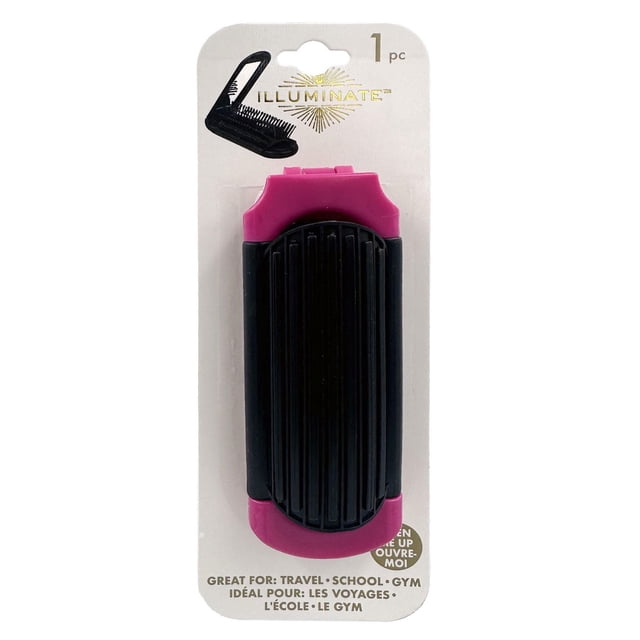 Illuminate folding mirror brush in black and magenta on white packaging, compact and portable design perfect for travel grooming, school, and gym use, featuring a foldable mirror and brush combination suitable for on-the-go hair care.