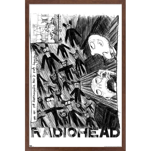 Radiohead - Affiche Murale à Gribouillis, 14,725 Pouces x 22,375 Pouces Encadrée Présentant une Croquis Noir et Blanc de Multiples Figurines Humanoïdes Abstraites avec de Larges Sourires et des Lunettes, Deux Grands Visages Expressifs à Droite, et un Texte Manuscrit Lisant « We are not safe managing. This is really happening. » Cette Affiche Moderne Encadrée Convient à l'Art Mural pour la Déco de la Maison, les Dortoirs Ou les Bureaux et Est Souvent Utilisée pour Ajouter une Déclaration Artis