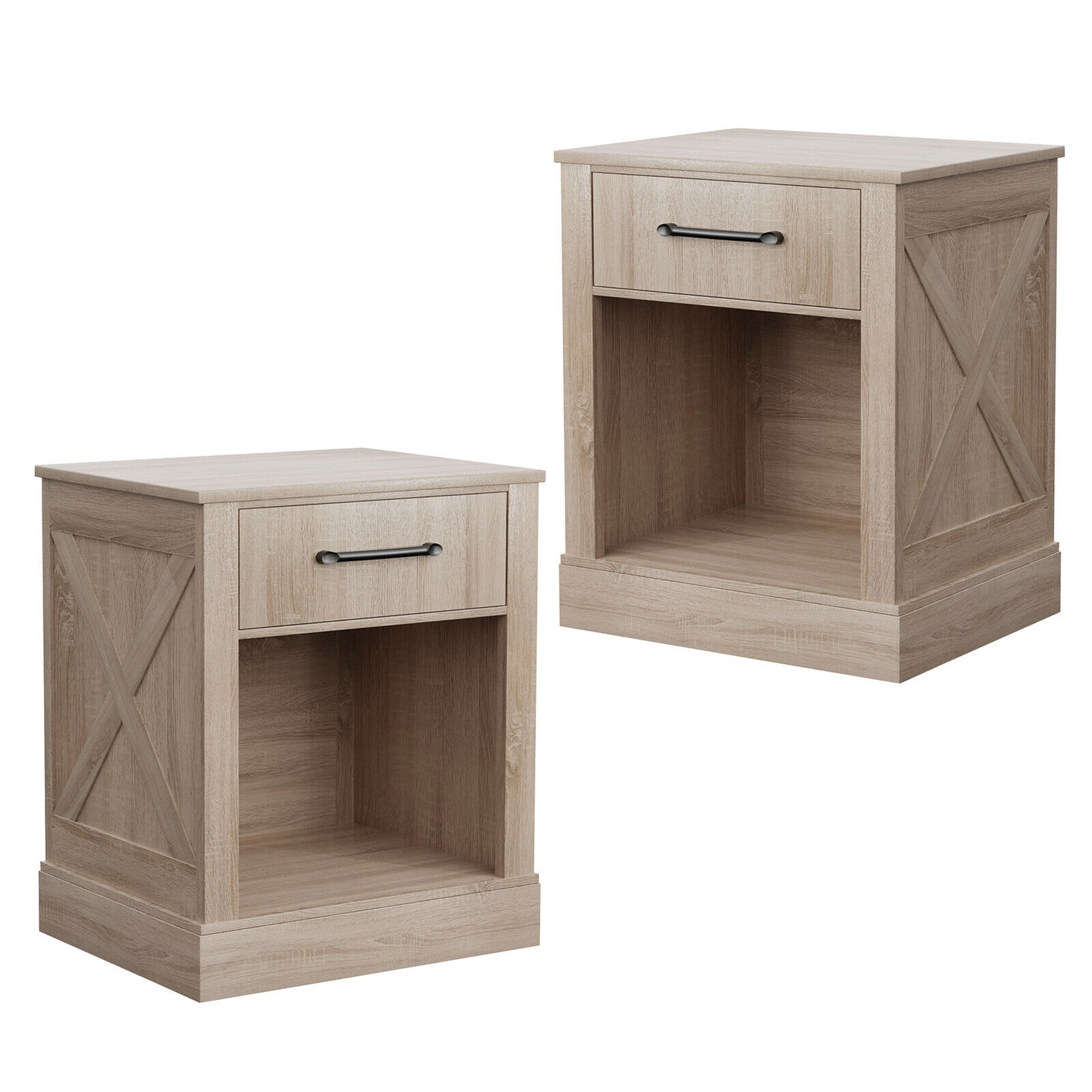 Gymax Table de Chevet 2 Pcs avec Tiroir et Tablette Table de Chevet Rustique en Bois Chambre Naturel