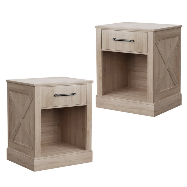 Gymax Table de Chevet 2 Pcs avec Tiroir et Tablette Table de Chevet Rustique en Bois Chambre Naturel