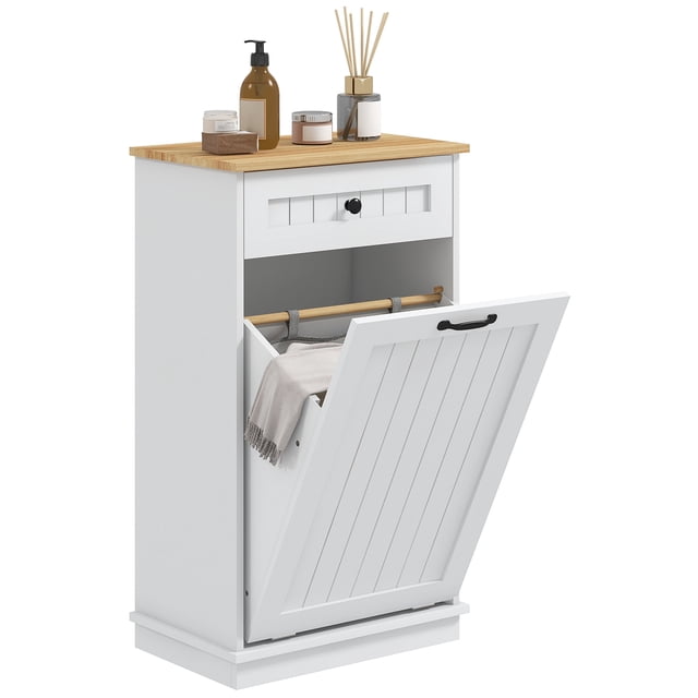 HOMCOM Modern Laundry Cabinet with Removable Basket and Drawer, White. This cabinet features a tilt-out laundry hamper with a 14.4-gallon (54.5 L) fabric basket, a sliding-out drawer, and a flat top for additional storage. Made of painted MDF, it includes anti-tipping design and anti-slip foot pads for stability. The white cabinet has a natural wood top and measures 20.5 inches long, 13 inches wide, and 35.4 inches high. Suitable for organizing laundry and towels in bathrooms or laundry rooms.
