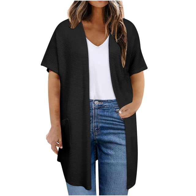 Plebaso Womens Plus Size Cardigan Short Sleeve Summer Cardigans Open Front Casual Blouses with Pockets