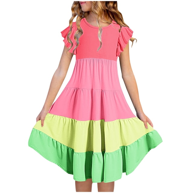 Plebaso Robes d'Été Décontractées pour Bébés Filles à Manches Volantées, Col Rond, Couleur Unie, Robe à Volants, Vêtements de Mode pour Filles