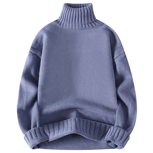 GigrtiJin Chandails à Col Roulé d'Hiver pour Hommes à Manches Longues, Hauts à Enfiler de Couleur Unie, Chandail Décontracté Confortable et Tendance. Vue Frontale d'Un Chandail à Col Roulé Bleu Atténué, avec Poignets et Ourlet Côtelés pour la texture. Fabriqué en Tissu polyester Respirant, Idéal pour l'Hiver et les Tenues Décontractées.