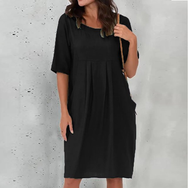 Robes en Coton et Lin Grande Taille pour Femmes à Manches Courtes d'Été, Robe Midi Plissée avec Poches