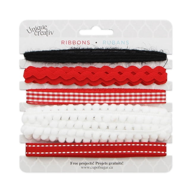 Unique Creativ Trims Ensemble Contenant Cinq Mailles de 2 Mètres de Rubans et Trims Coordonnés par Couleur Incluant Fil Duveteux Noir, rick rack Rouge, Ruban Vichy Rouge et Blanc, Garniture Pompon Blanche, et Ruban Cousu Rouge, Convient à la Couture, à la Déco Maison et aux Projets d'Artisanat.