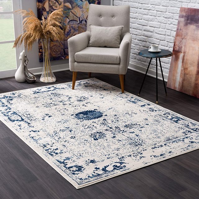 homeroots home decor 390140 2’ x 3’ Navy Blue Distressed Floral Scatter Rug