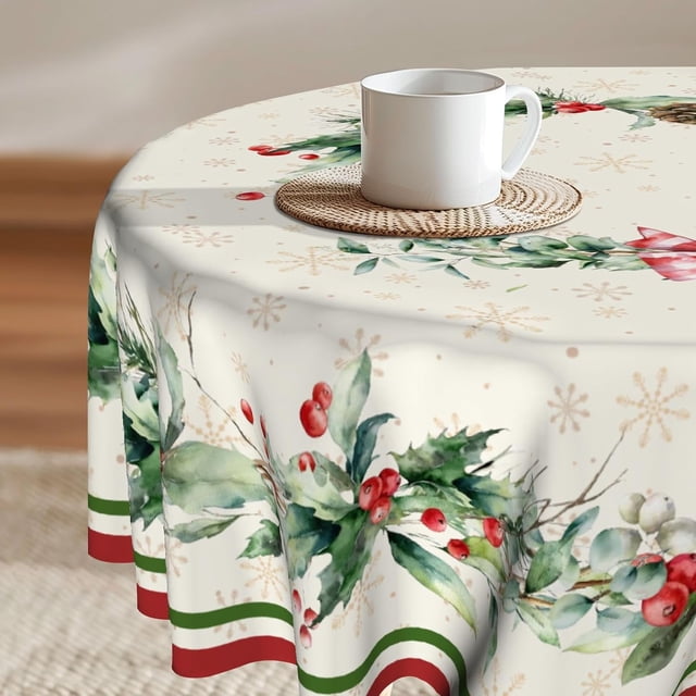 Christmas Holly Round Tablecloth Winter Snowflake Wrinkle Resistant Table Cloth Xmas Red Bird Decor Table Cover for Winter Holiday Home Kitchen Picnic Party 60 Inch