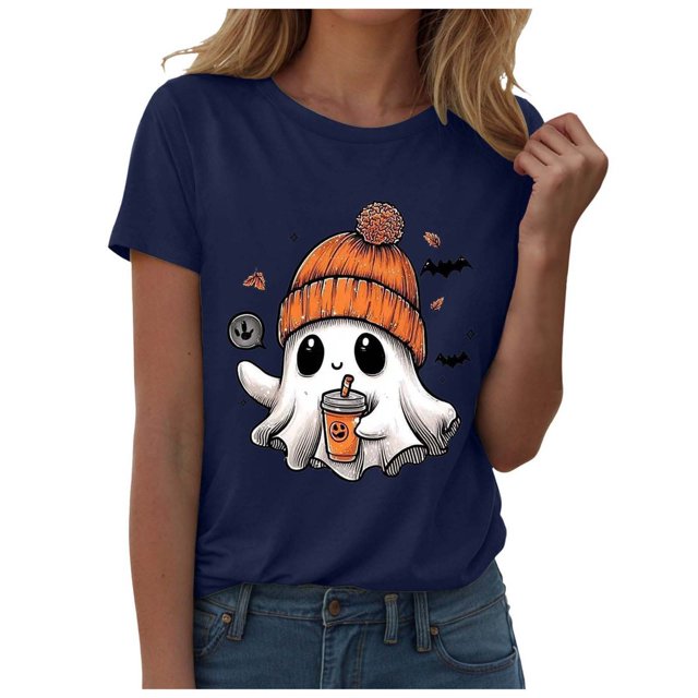 T-shirt Graphique à Manches Courtes d'Halloween pour Femmes Col Rond Décontracté pour Tenue de Fête d'Été avec Jeans