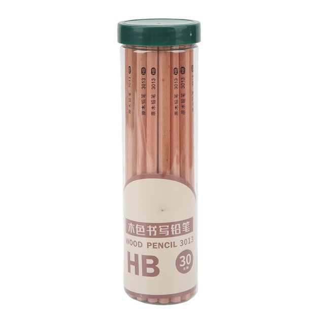 HB Pencil, 30pcs HB Pencil Hexagonal Drafting Pencil Sketching Pencils Finest Materials. A clear cylindrical container with a green lid holding 30 hexagonal wooden HB pencils. The pencils are designed for writing, drawing, and sketching, made from durable wood and carbon for easy sharpening and clear writing. The compact packaging is convenient for storage and transport.