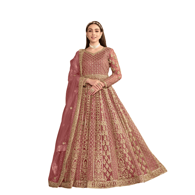 Custom Made Pink Color Beautiful Embroidery Worked Ready Made Anarkali Full Flared Gowns